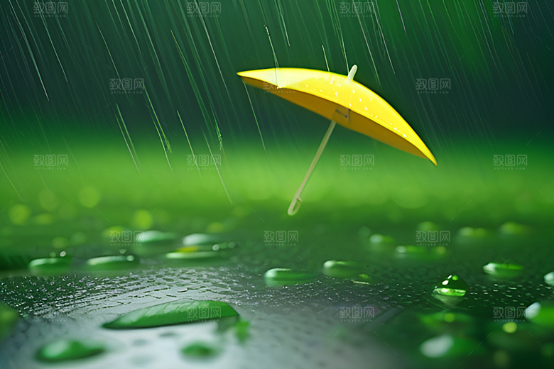 雨中的绿色背景与雨伞
