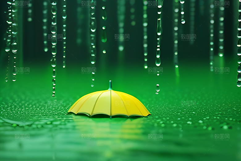 雨中的绿色背景与雨伞