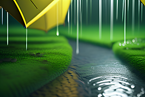 雨中的绿色背景与雨伞