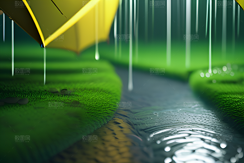 雨中的绿色背景与雨伞