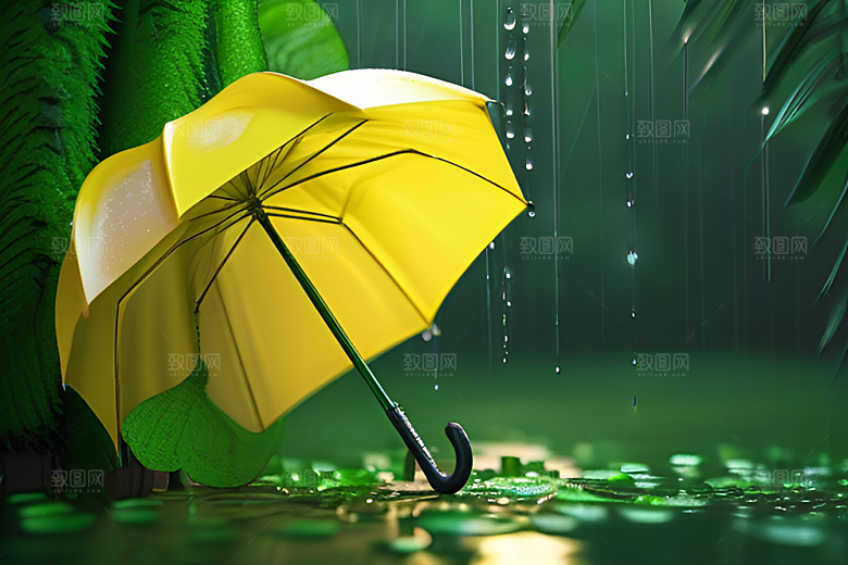 雨中的绿色背景与雨伞