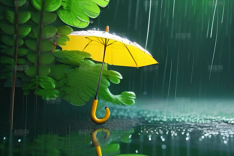 雨中的绿色背景与雨伞