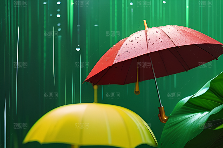 雨中的绿色背景与雨伞