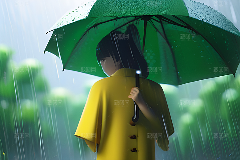 雨中的绿色背景与雨伞