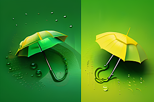 雨中的绿色背景与雨伞