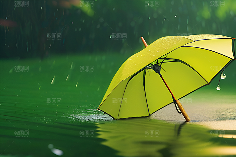雨中的绿色背景与雨伞