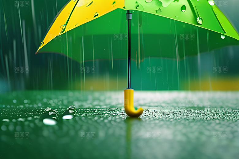 雨中的绿色背景与雨伞