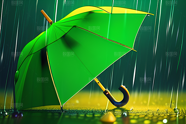 雨中的绿色背景与雨伞