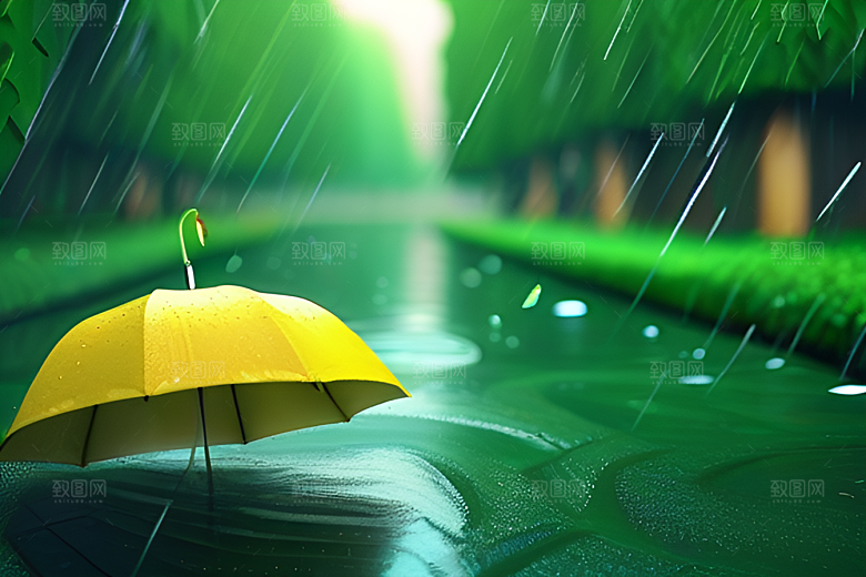 雨中的绿色背景与雨伞