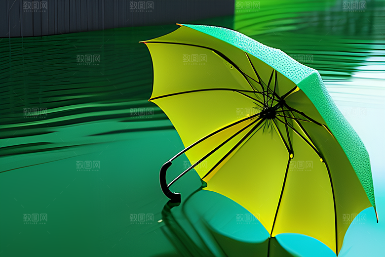 雨中的绿色背景与雨伞
