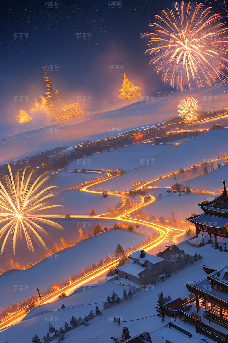 唐朝长安夜空中绚丽烟花