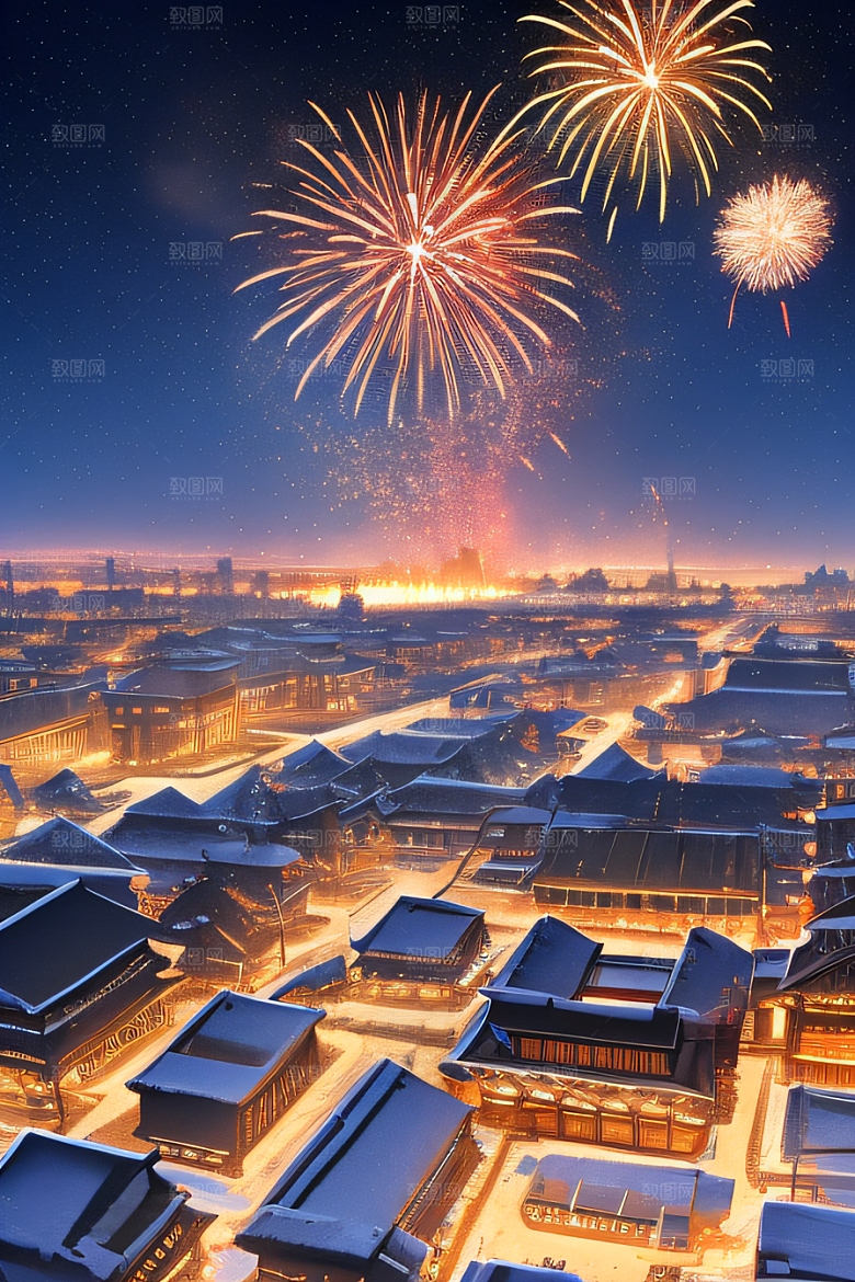 唐朝长安夜空中绚丽烟花