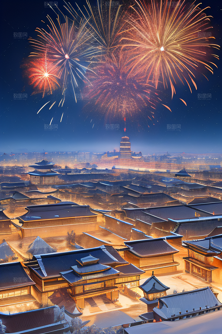 唐朝长安夜空中绚丽烟花