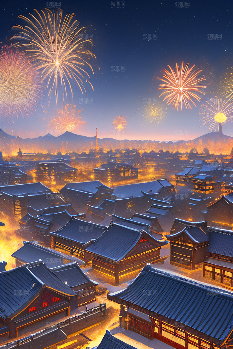 烟花灿烂照亮唐朝长安夜空