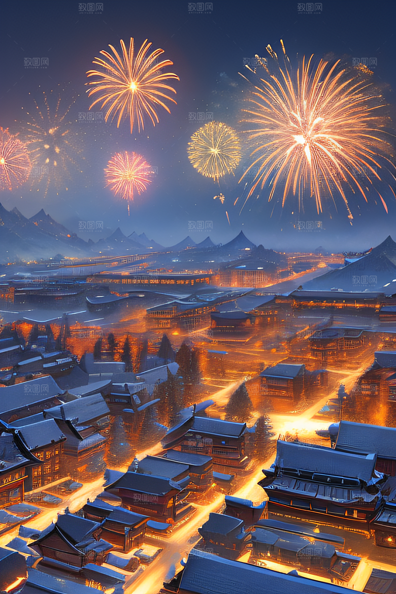 唐朝长安夜景细致山水绘画