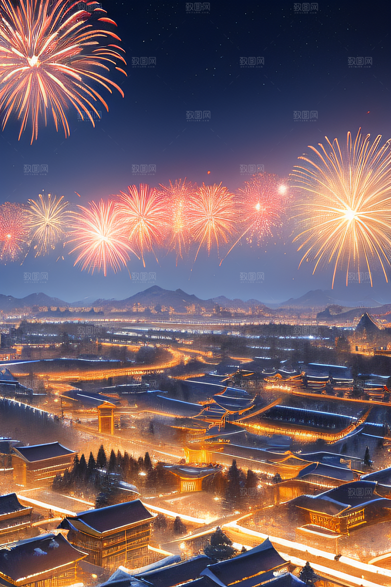 唐朝长安夜景细致山水绘画