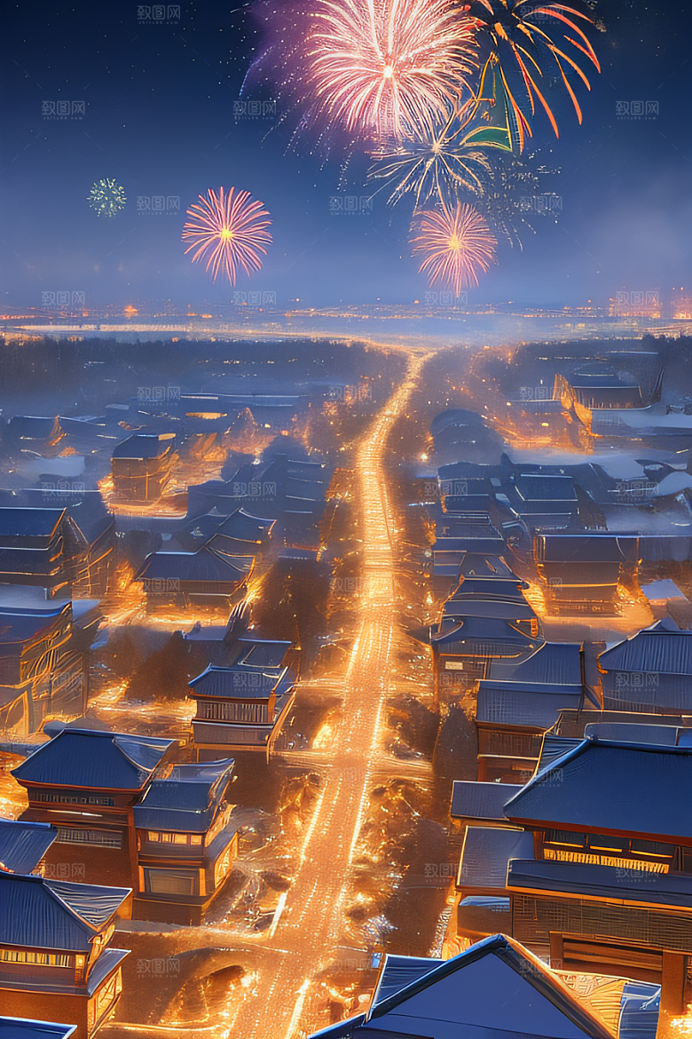 唐朝长安夜景细致山水绘画