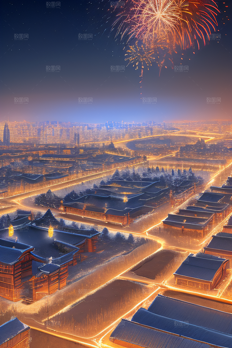 唐朝长安夜景细致山水绘画