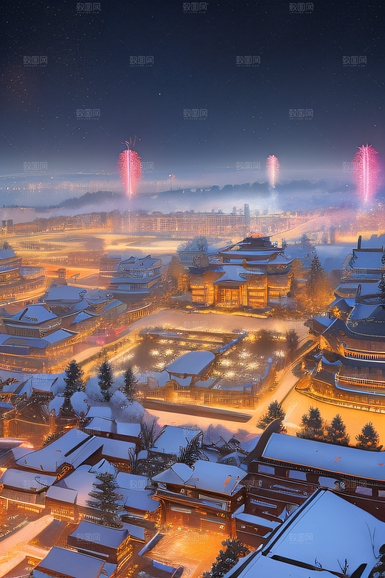 唐朝长安夜景细致山水绘画