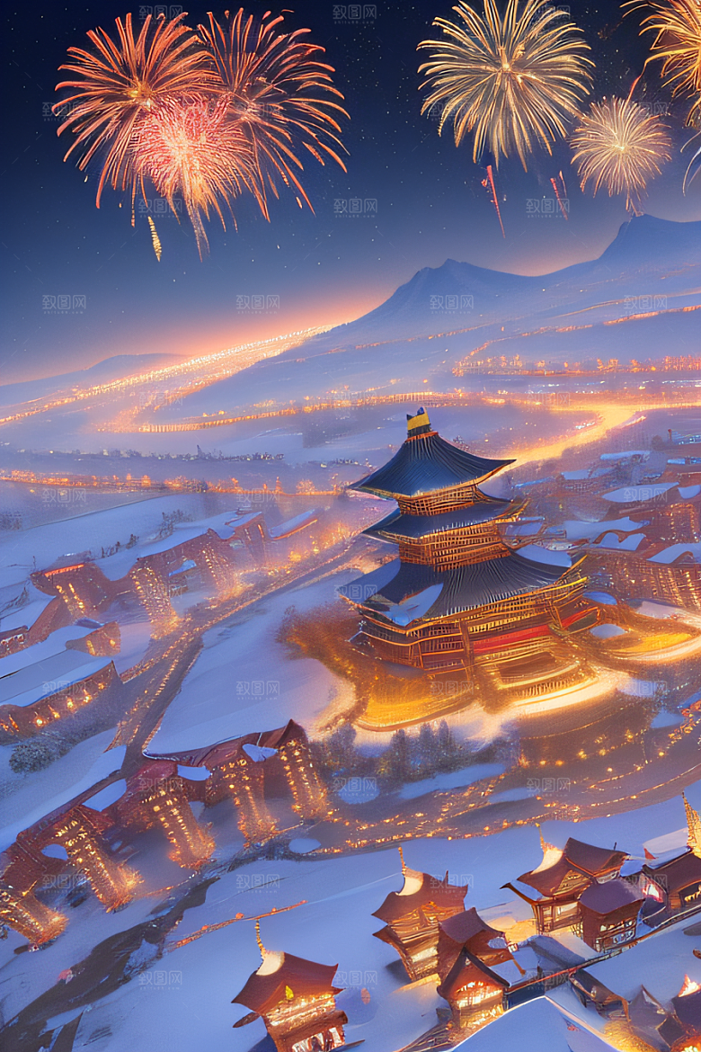 唐朝长安夜景细致山水绘画