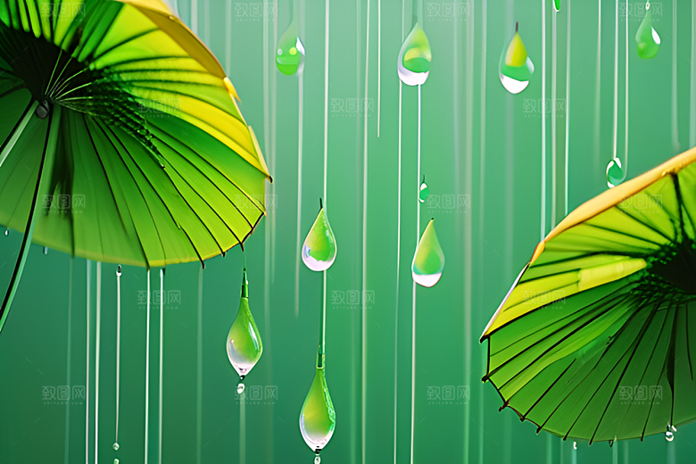 绿叶背景下的雨中美景
