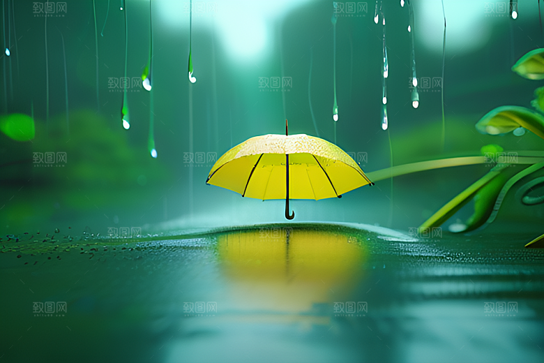 绿叶背景下的雨中美景