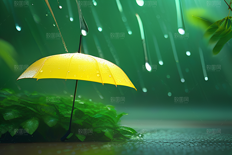 绿叶背景下的雨中美景