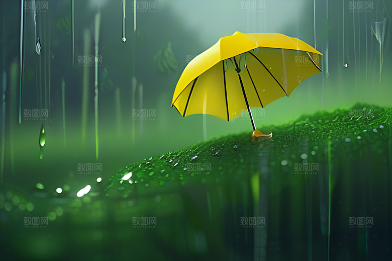 绿叶背景下的雨中美景