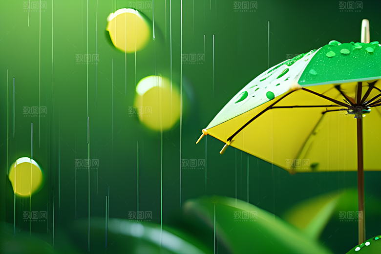 绿叶背景下的雨中美景
