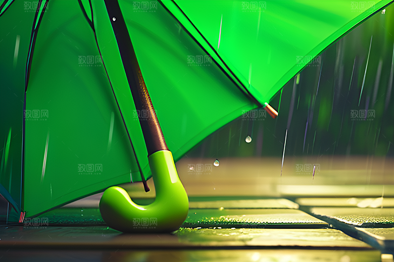 绿色背景中的雨滴与雨伞