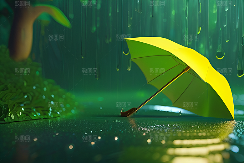 绿色背景中的雨滴与雨伞