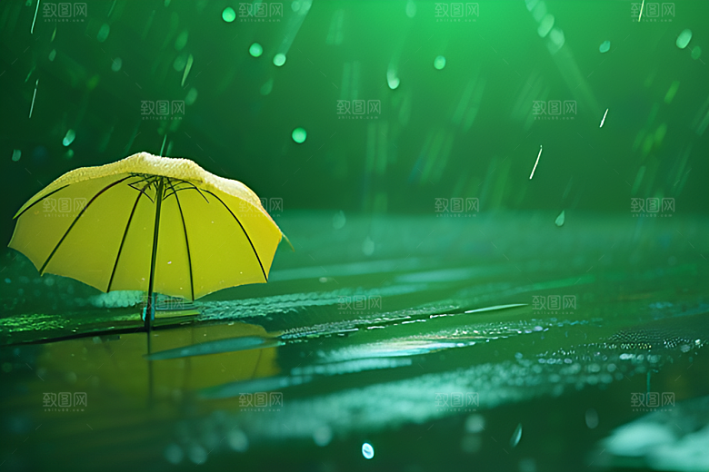 绿色背景中的雨滴与雨伞