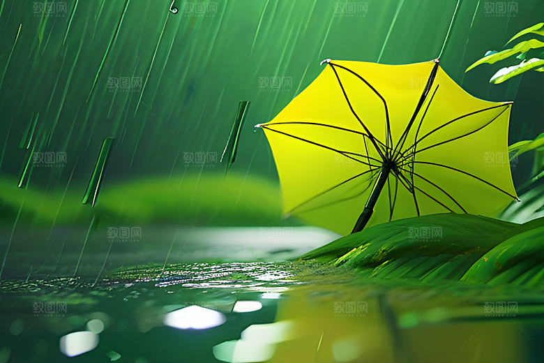 绿色背景中的雨滴与雨伞