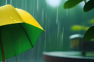 绿色背景中的雨滴与雨伞