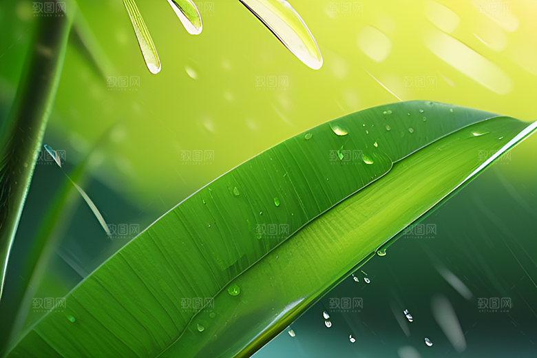 绿色背景中的雨滴与雨伞