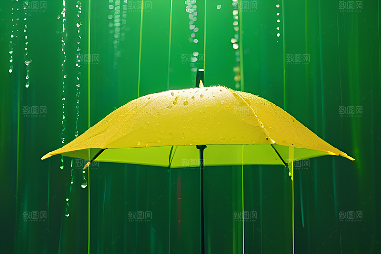 绿色背景中的雨滴与雨伞