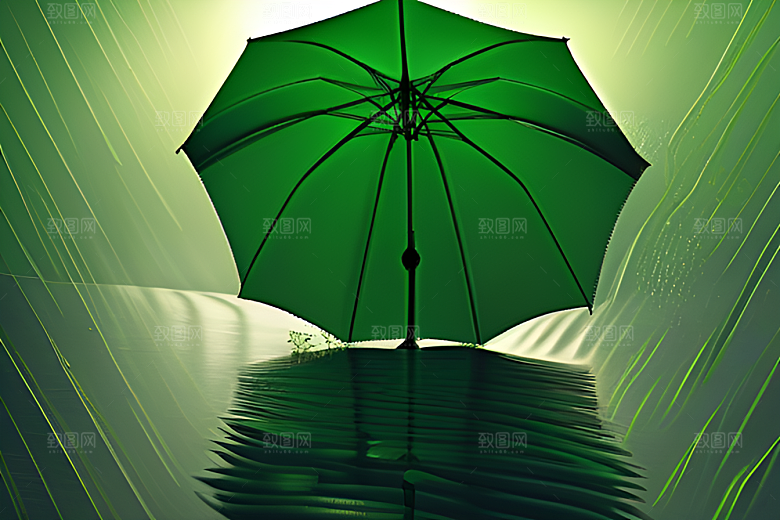 绿色背景中的雨滴与雨伞