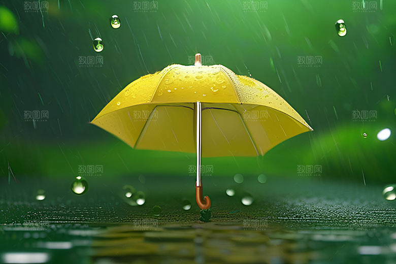 绿色背景中的雨滴与雨伞