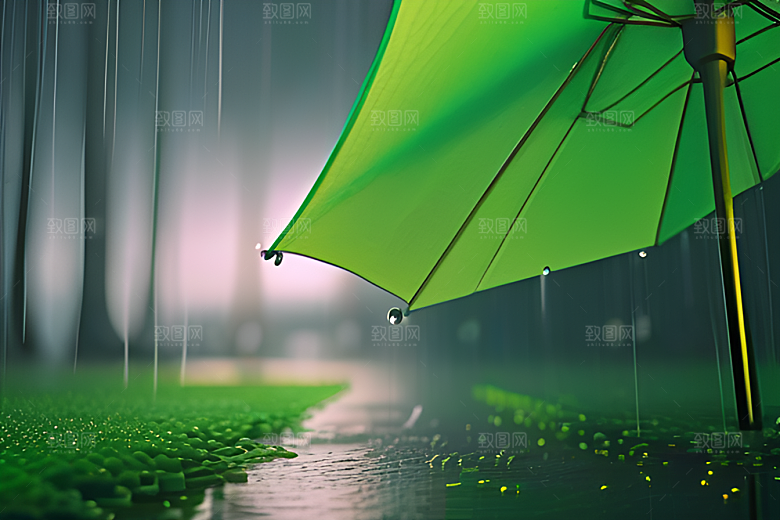 绿色背景中的雨滴与雨伞