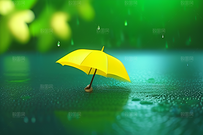 绿色背景中的雨滴与雨伞