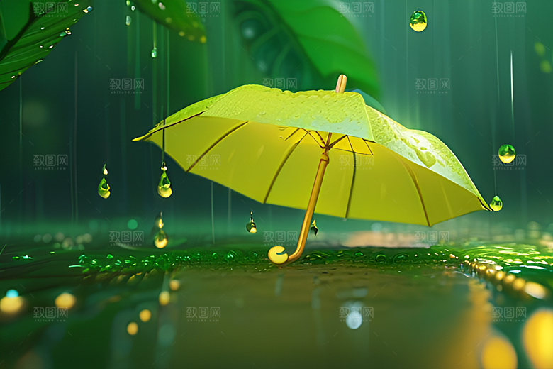 绿色背景中的雨滴与雨伞