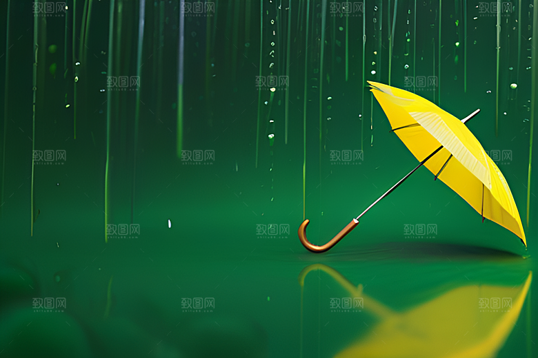 绿色背景中的雨滴与雨伞