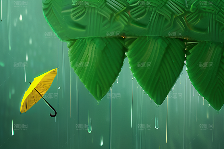 绿色背景中的雨滴与雨伞