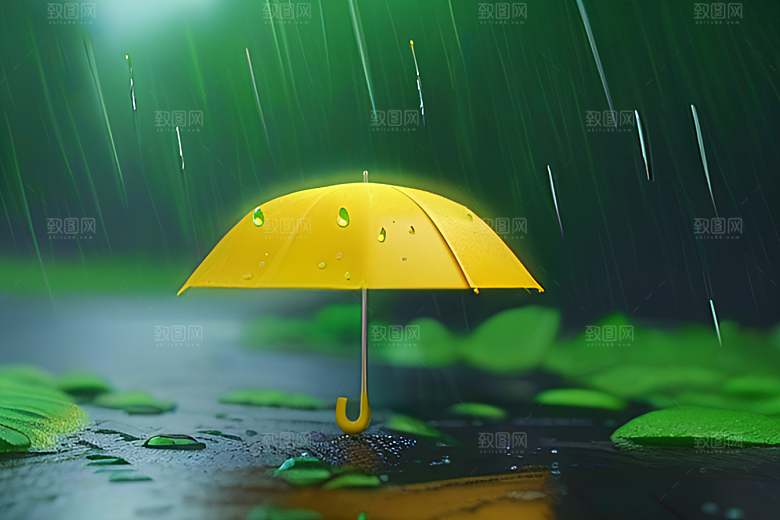 绿色背景中的雨滴与雨伞