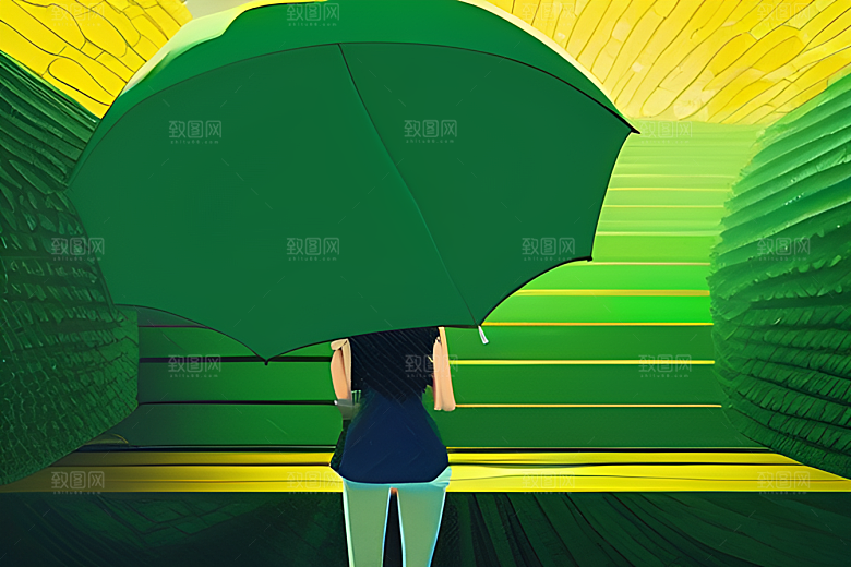 绿色背景中的雨滴与雨伞