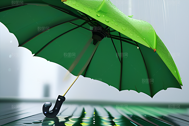 绿色背景中的雨滴与雨伞