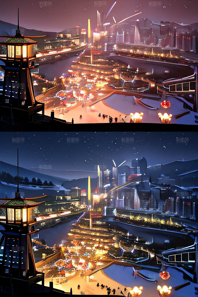 唐朝长安夜景的迷幻效果