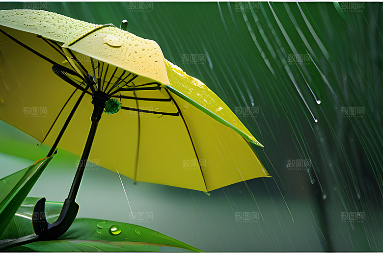 雨中的绿叶背景与黄色雨伞