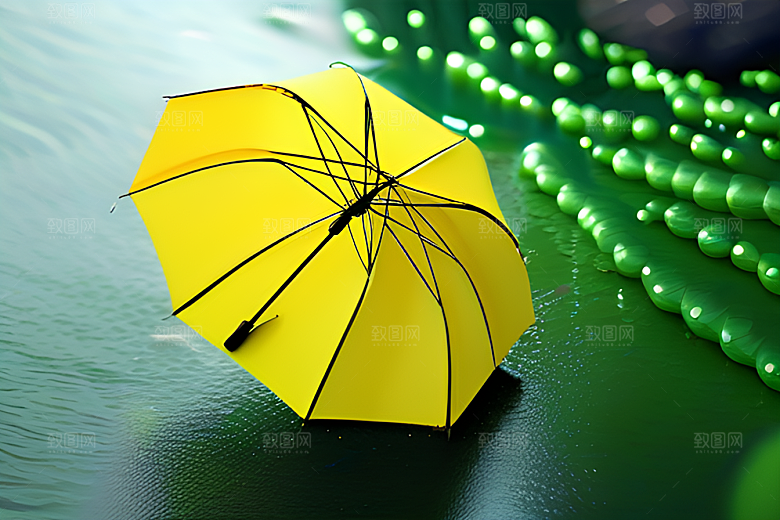 雨中的绿叶背景与黄色雨伞