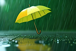 雨中的绿叶背景与黄色雨伞